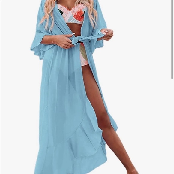 Other - WOMEN long blue chiffon swimwear cover long kimono cardigan, ruffled an…